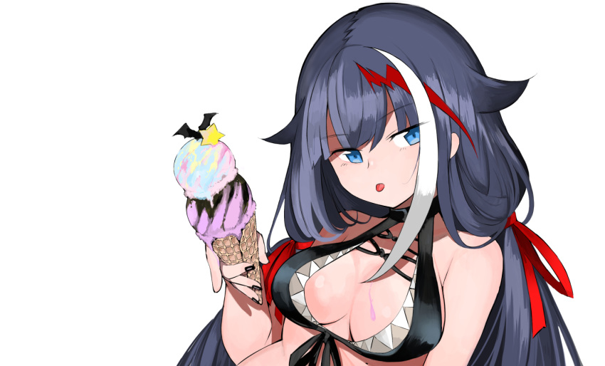 azur_lane bad_id bad_pixiv_id bare_shoulders bat_(animal) bikini black_bikini black_choker black_hair black_nails blue_eyes breasts choker deutschland_(azur_lane) deutschland_(service_time?!)_(azur_lane) female food food_on_body food_on_breasts front-tie_bikini_top front-tie_top hair_between_eyes hair_flaps hair_ribbon hand_up holding holding_food ice_cream ice_cream_cone large_breasts long_hair looking_at_viewer low_twintails multicolored_hair nail_polish official_alternate_costume red_hair red_ribbon ribbon simple_background solo star_(symbol) streaked_hair swimsuit takeakigaku tongue tongue_out twintails upper_body white_hair