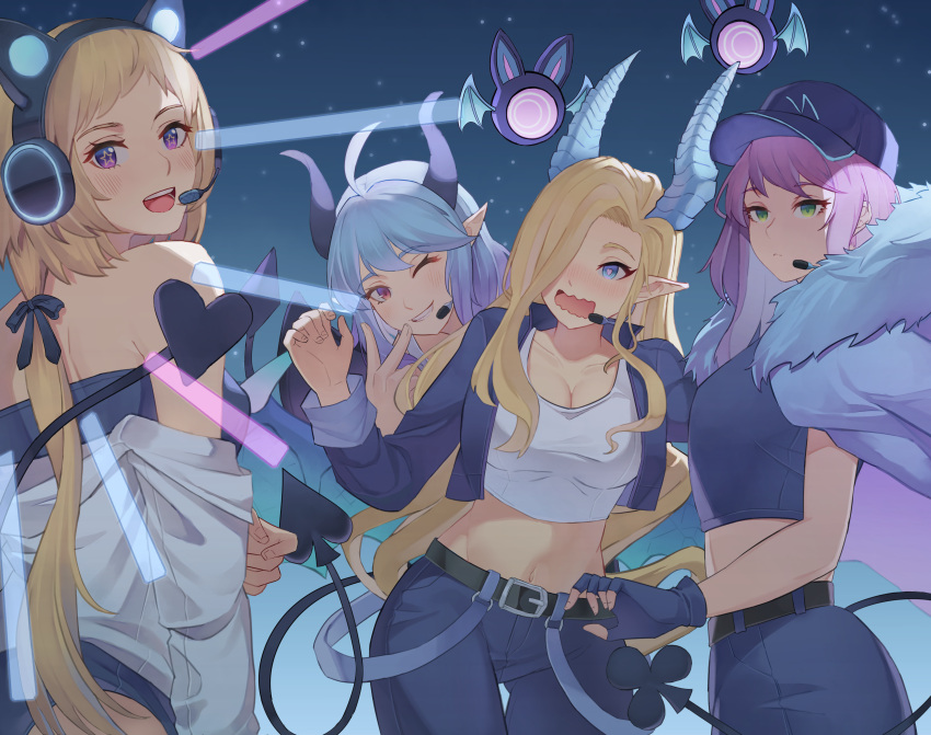 4girls absurdres ahoge animal_ears belt black_belt blue_hair breasts chosen_one's_archpriestess_veronica cleavage club_(shape) collarbone demon_girl diamond_(shape) fake_animal_ears fingerless_gloves gloves grand_admiral_marina guardian_tales hat headphones headset heart heart-shaped_pupils highres horns idol looking_at_viewer midriff multiple_girls navel noble_succubus_bianca off_shoulder official_alternate_costume open_mouth pink_hair pointy_ears rezypm smile spade_(shape) standing star-shaped_pupils star_(symbol) succubus_adventurer_yuze symbol-shaped_pupils tail