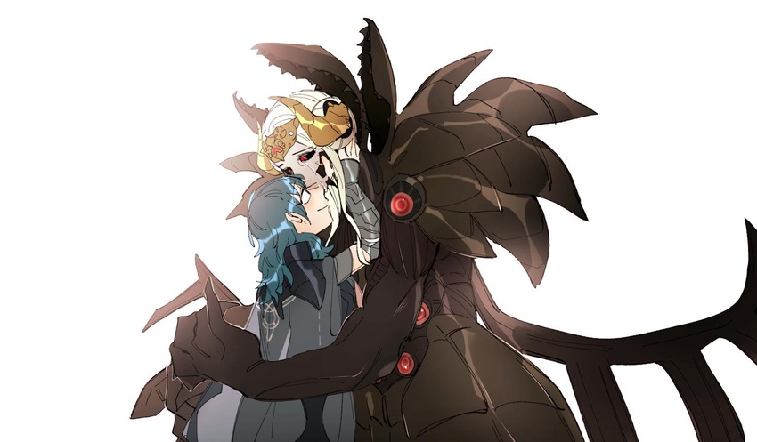 2girls ascot blonde_hair blue_eyes byleth_(female)_(fire_emblem) byleth_(fire_emblem) cape commentary_request edelgard_von_hresvelg edelgard_von_hresvelg_(hegemon_husk) fire_emblem fire_emblem:_three_houses gloves hair_ornament long_hair monster_girl multiple_girls nimae04 protected_link red_cape red_eyes simple_background spoilers white_background yuri