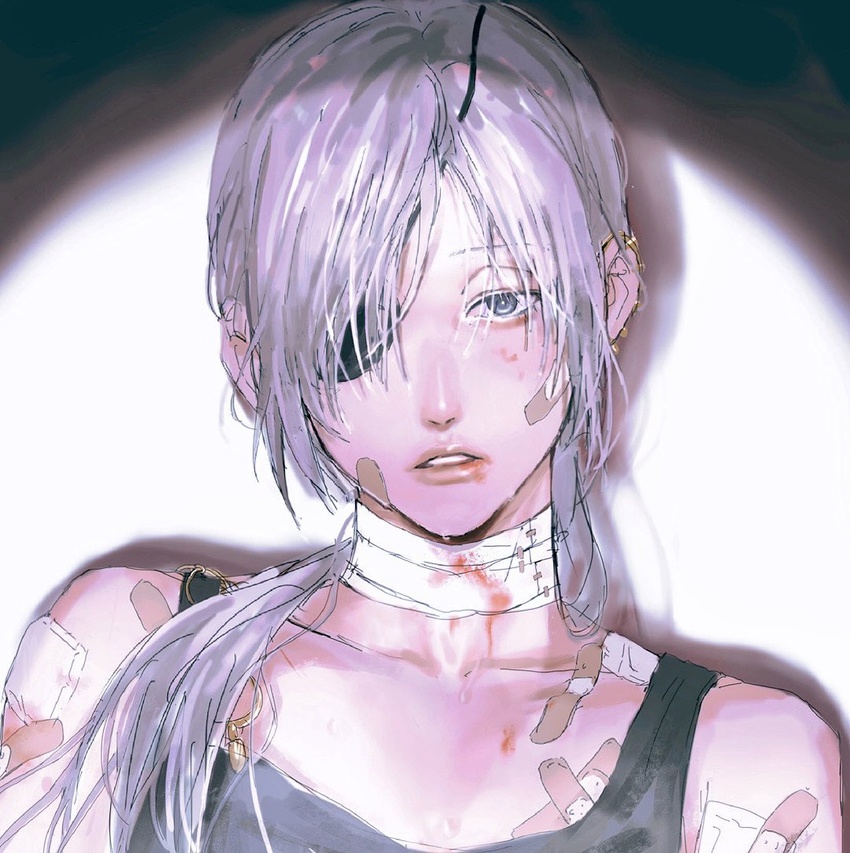 637_00e_seran bandage_on_neck bandages bandaid bandaid_on_arm bandaid_on_face black_tank_top blood blood_on_face chainsaw_man ear_piercing eyepatch female grey_hair long_hair looking_at_viewer one_eye_covered piercing ponytail quanxi_(chainsaw_man) simple_background solo tank_top teeth white_background