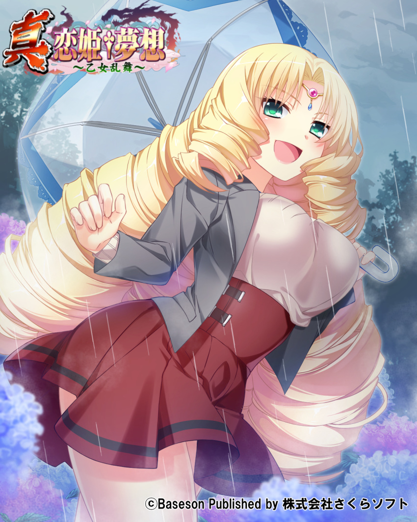 blazer blonde_hair breasts brown_skirt circlet cloud curly_hair drill_hair enshou female flower gem green_eyes grey_jacket highres hydrangea jacket jewelry koihime_musou large_breasts long_hair natsusemi official_art open_mouth outdoors rain shirt skirt sky smile solo umbrella very_long_hair white_shirt