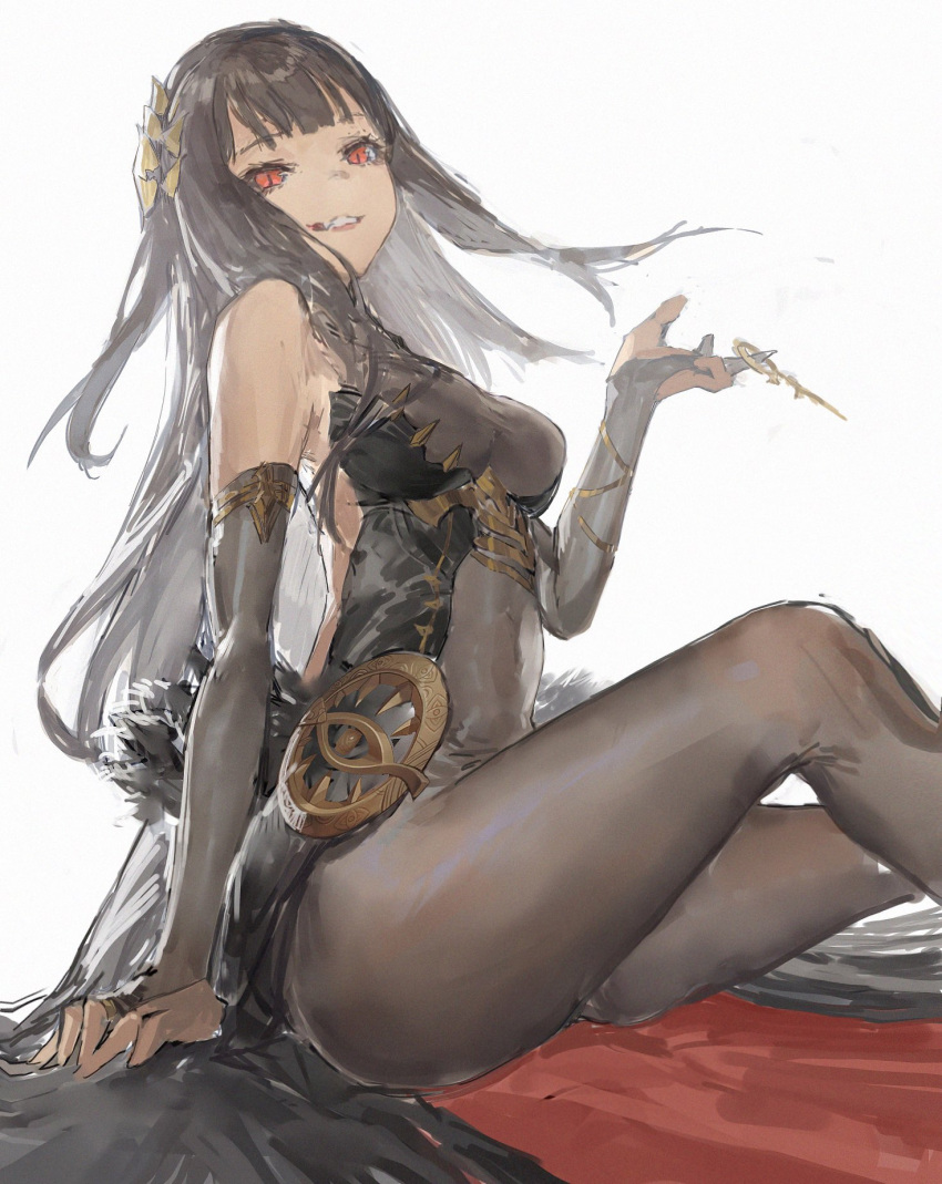 al-azif_(masterwork_apocalypse) bare_shoulders black_gloves black_hair bodystocking elbow_gloves female gloves highres long_hair masterwork_apocalypse messikid red_eyes sitting slit_pupils