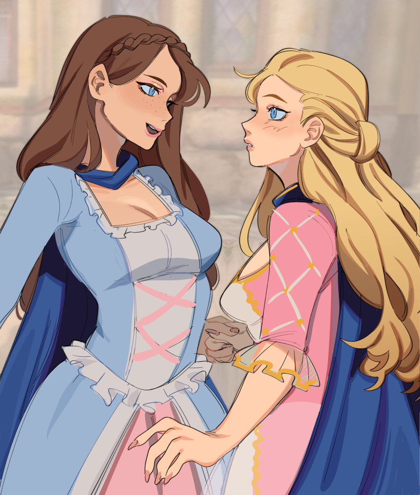 2girls absurdres animification anneliese_(barbie) bad_id bad_twitter_id barbie_(franchise) barbie_as_the_princess_and_the_pauper barbie_movies blonde_hair blue_cape blue_dress blue_eyes breasts brown_hair cape cleavage dress erika_(barbie) fingernails highres holding_hands long_fingernails long_hair multiple_girls pink_dress porqueloin princess_and_the_pauper yuri