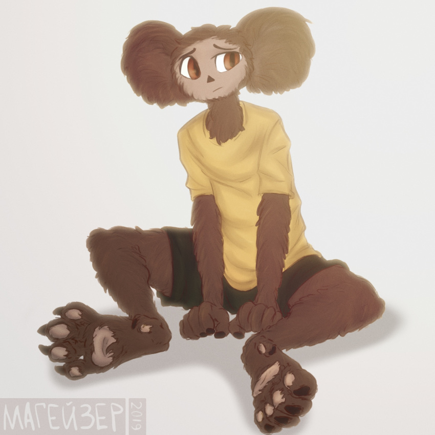 1:1 anthro big_ears big_feet brown_eyes cheburashka cheburashka_(character) claws clothing feet fur hair hi_res magayser male mammal marsupial pawpads plantigrade russian shirt solo soviet_cartoon t-shirt text topwear tuft vombatiform