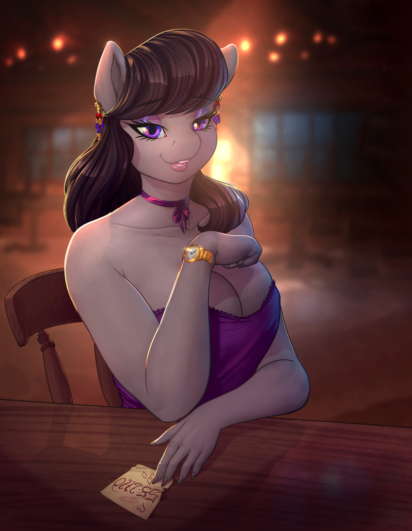 5_fingers absurd_res anthro anthrofied big_breasts breasts chair cleavage clothed clothing collaboration dress equid equine female fingers friendship_is_magic furniture hasbro hi_res longinius mammal my_little_pony octavia_(mlp) solo vest_(artist)