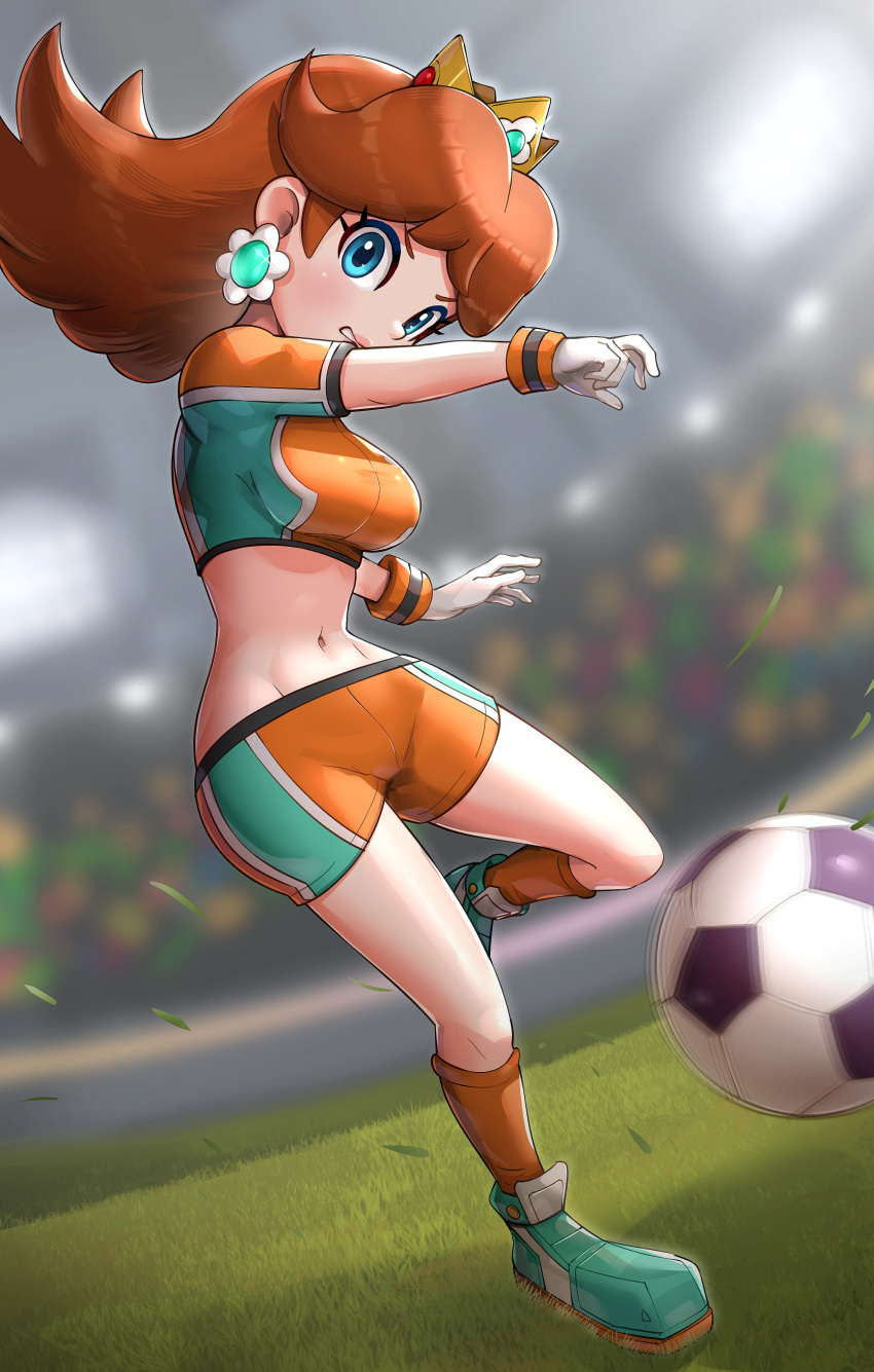 absurdres ball blurry blurry_background breasts brown_hair cleats commentary_request crop_top crown earrings female floating_hair flower_earrings full_body gloves gonzarez grass green_eyes highres jewelry kicking large_breasts leg_up long_hair mario_(series) mario_strikers midriff navel official_alternate_costume playing_sports princess_daisy shoes short_shorts short_sleeves shorts soccer soccer_ball soccer_field soccer_uniform socks solo sportswear stadium stadium_lights strikers_daisy super_mario_strikers taut_clothes teeth white_gloves wristband