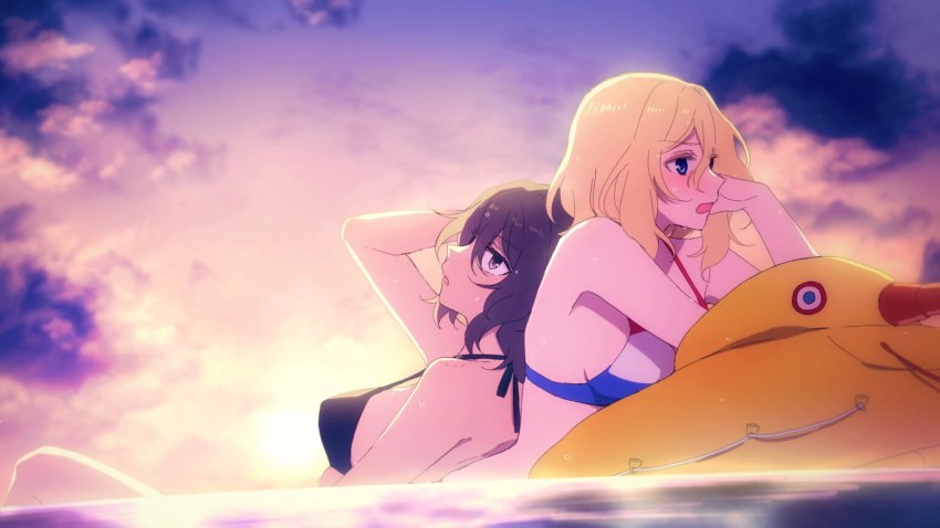 2girls amazuki_jou andou_(girls_und_panzer) arm_up back-to-back bikini black_bikini black_hair blonde_hair blue_eyes blush breasts brown_eyes cloud cloudy_sky commentary dark-skinned_female dark_skin dutch_flag dutch_flag_bikini dutch_flag_print flag_print frown girls_und_panzer gradient_sky highres inflatable_duck inflatable_raft leaning_back leaning_on_person medium_breasts medium_hair messy_hair multiple_girls open_mouth orange_sky oshida_(girls_und_panzer) partially_submerged purple_sky sky sun sunset swimming swimsuit wet yuri