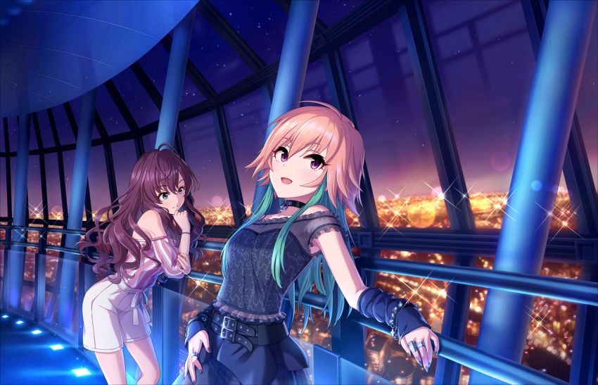 2girls annin_doufu brown_hair ichinose_shiki idolmaster idolmaster_cinderella_girls idolmaster_cinderella_girls_starlight_stage long_hair night ninomiya_asuka purple_eyes