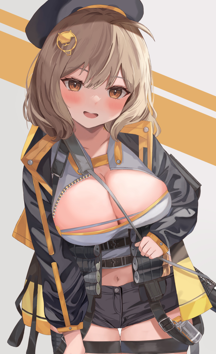 absurdres ahoge ammunition_belt anis_(nikke) beret black_hat black_jacket black_shorts blush breasts brown_eyes center_opening cleavage commentary cowboy_shot crop_top cropped_shirt female goddess_of_victory:_nikke grey_background grey_shirt hair_ornament hat highres jacket large_breasts light_brown_hair looking_at_viewer medium_hair midriff military_hat navel open_clothes open_jacket open_mouth orange_background shirt short_shorts shorts simple_background smile solo standing thigh_gap thigh_strap two-tone_background unzipped watage_tanpopo