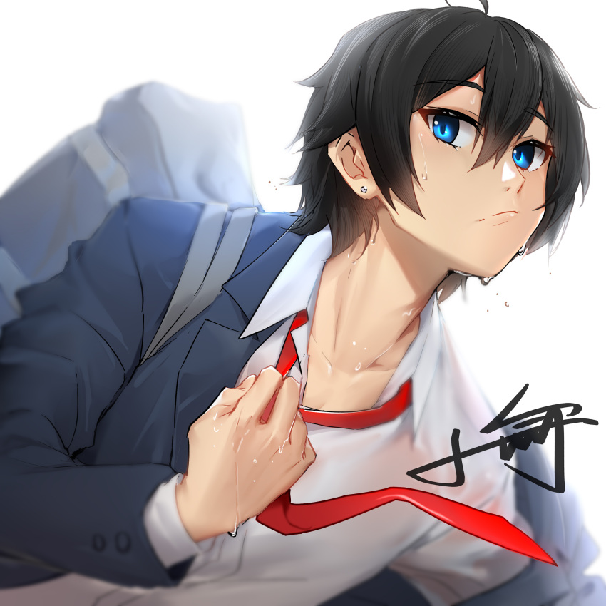 1boy absurdres ahoge bag black_hair blazer blue_eyes blue_jacket closed_mouth collarbone collared_shirt commentary_request dress_shirt earrings hair_between_eyes highres hori-san_to_miyamura-kun jacket jewelry katagiri_senior_high_school_uniform long_sleeves looking_at_viewer male_focus miyamura_izumi necktie open_clothes open_jacket red_necktie school_bag school_uniform see-through shirt signature simple_background solo stud_earrings upper_body wet wet_clothes wet_shirt white_background white_shirt xiaoyu