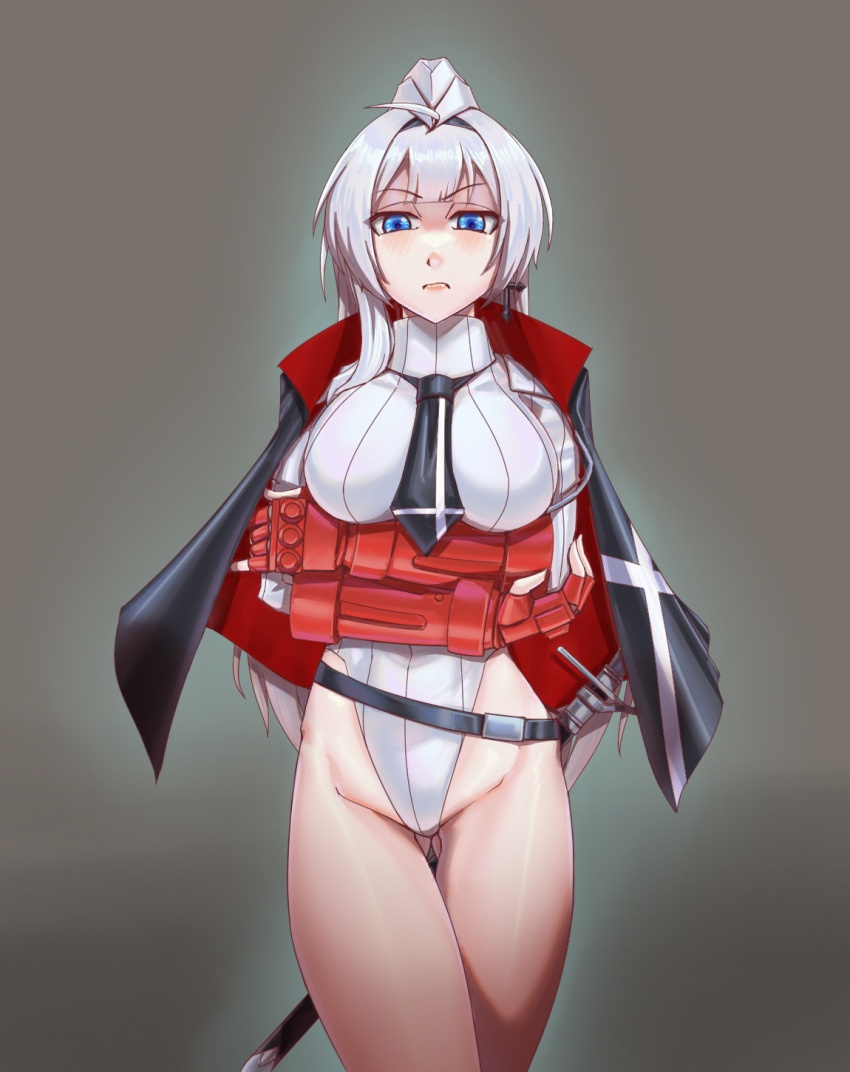 ass_visible_through_thighs azur_lane bangle belt black_cape black_necktie blue_eyes bracelet breasts cape corruption dark_persona female fingerless_gloves garrison_cap gloves hair_intakes hat highleg highleg_leotard highres jewelry large_breasts leebigtree leotard lips long_hair looking_down mainz_(azur_lane) necktie red_cape red_gloves ribbed_leotard shadaloo_dolls sheath sheathed solo street_fighter sword thighs turtleneck two-sided_fabric unamused weapon white_hair white_leotard