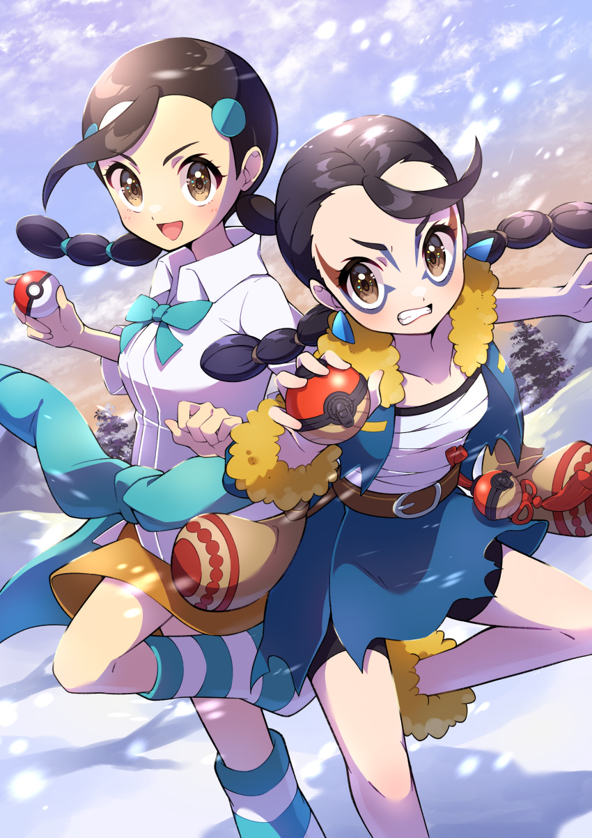 2girls absurdres belt black_hair brown_eyes candice_(pokemon) clothes_around_waist clover_(pokemon) facial_mark highres leg_up multiple_girls poke_ball poke_ball_(basic) poke_ball_(legends) pokemon pokemon_dppt pokemon_legends:_arceus pon_yui sarashi scowl shirt shorts shorts_under_skirt snow white_shirt wind