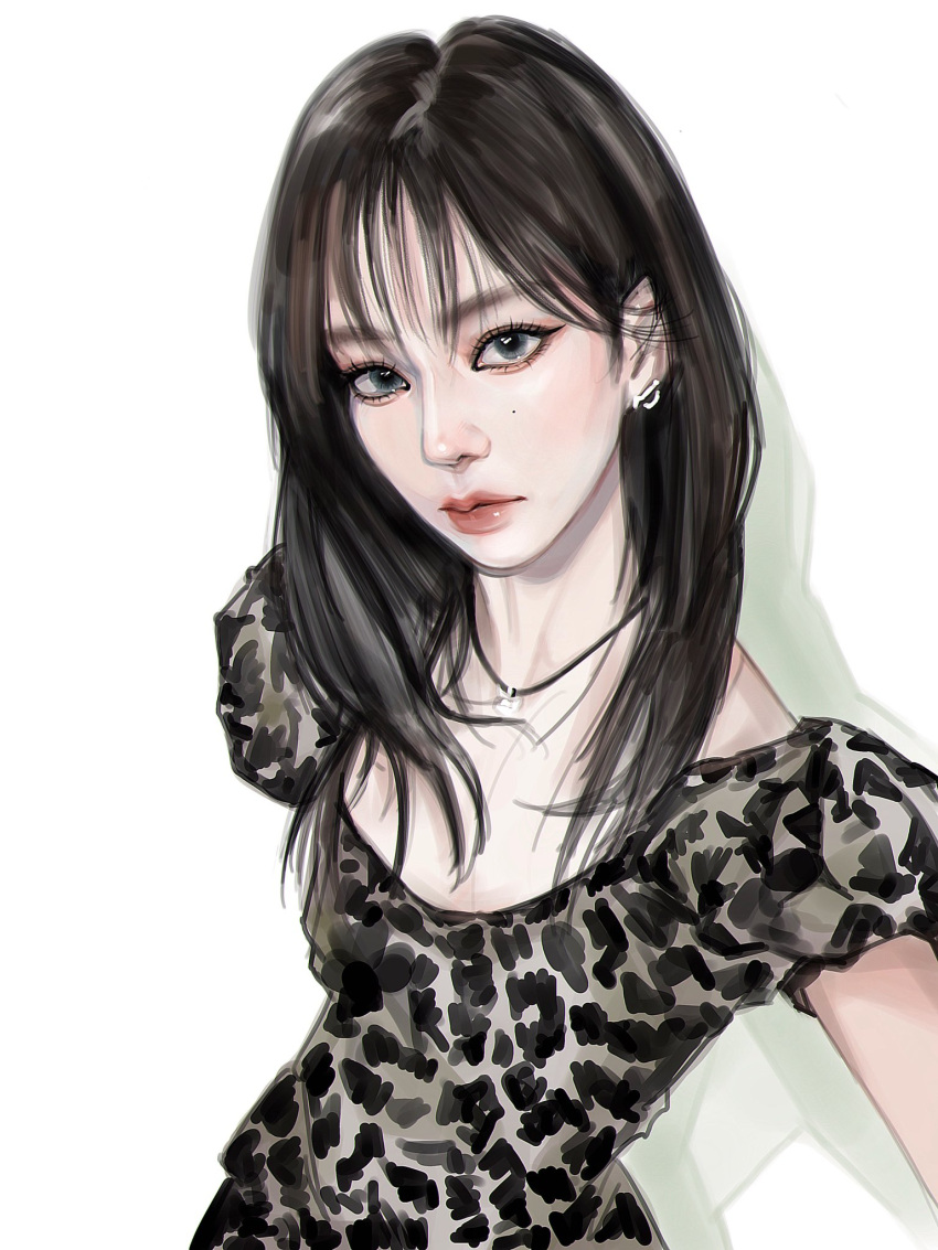 aespa black_hair cheetah_print dress expressionless female grey_dress grey_eyes hair_between_eyes head_tilt highres jewelry k-pop long_hair looking_at_viewer necklace real_life realistic selfie shadow solo white_background winter_(aespa) xiaoya_(horsesmallduck)