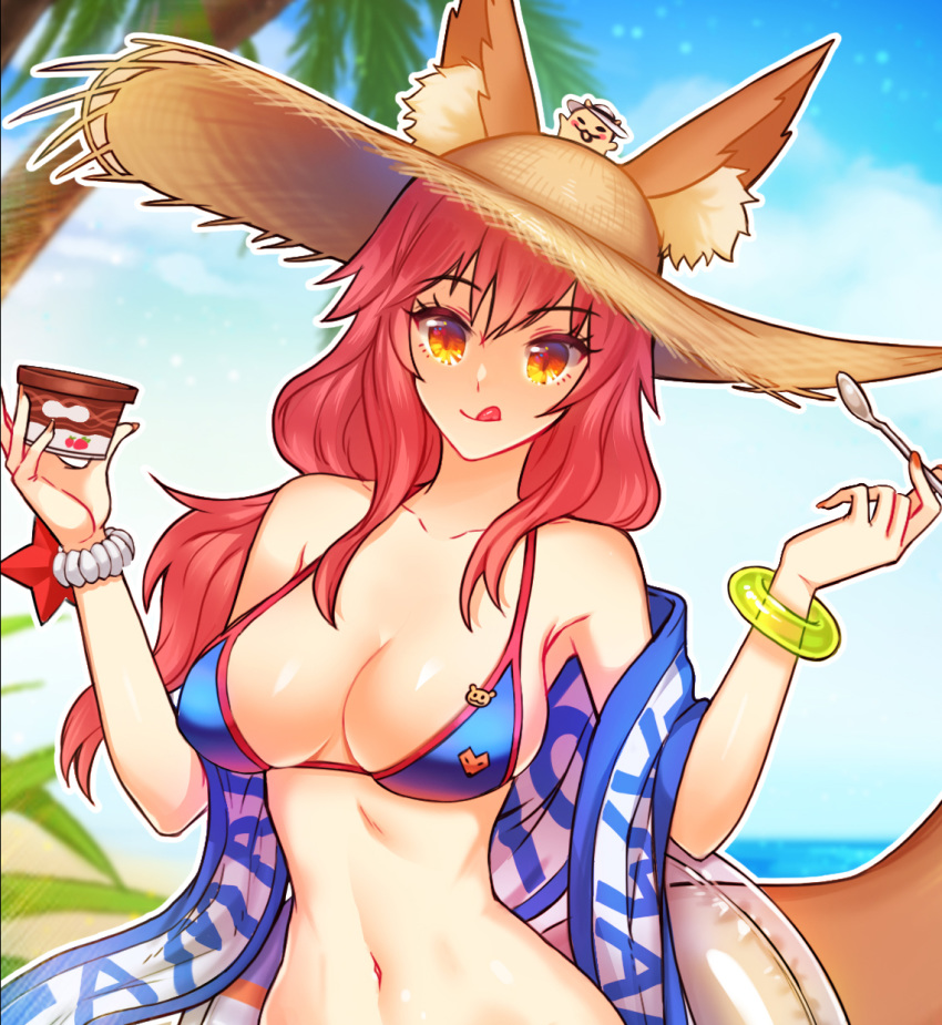 animal_ear_fluff animal_ears bikini blue_bikini breasts cleavage collarbone commentary ears_through_headwear fate/grand_order fate_(series) female food fox_ears fox_girl fox_tail hat highres ice_cream large_breasts looking_at_viewer navel ocean outdoors palm_leaf palm_tree palms photoshop_(medium) pink_hair raoul_(raoul77) side-tie_bikini_bottom solo spoon straw_hat swimsuit tail tamamo_(fate) tamamo_no_mae_(swimsuit_lancer)_(fate) tamamo_no_mae_(swimsuit_lancer)_(second_ascension)_(fate) tamamo_no_mae_(swimsuit_lancer)_(third_ascension)_(fate) tongue tree yellow_eyes