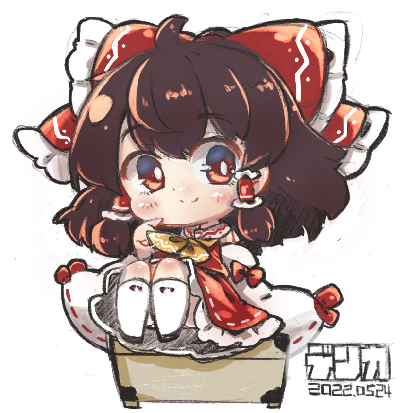 ahoge ascot blush bow brown_hair chibi commentary dated detached_sleeves dnk female full_body hair_tubes hairbow hakurei_reimu highres kneehighs looking_at_viewer looking_to_the_side red_bow red_eyes red_skirt ribbon-trimmed_sleeves ribbon_trim sitting skirt smile socks solo touhou white_background