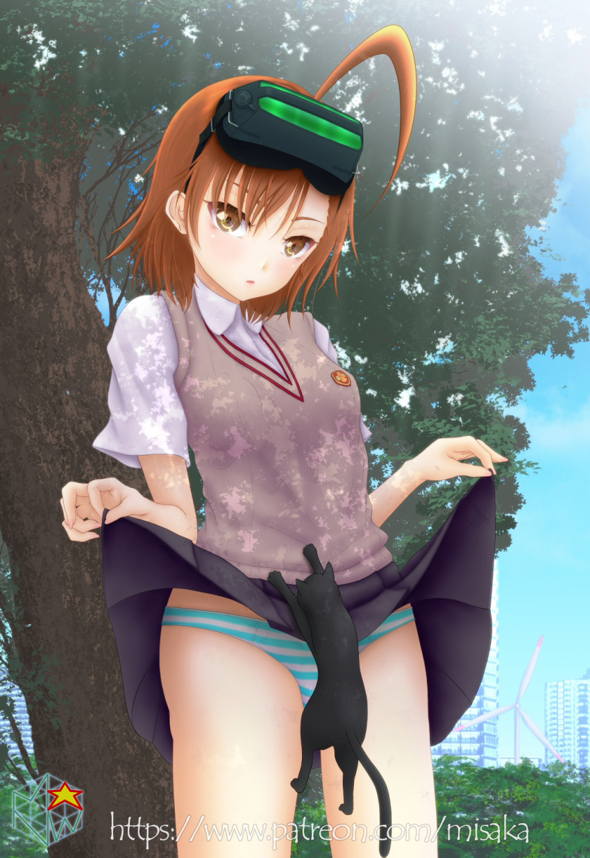 ahoge aqua_panties black_cat bob_cut brown_eyes brown_hair brown_sweater_vest building city clothes_lift dress_shirt expressionless feline female goggles goggles_on_head grey_skirt hanging head-mounted_display highres lifting_own_clothes looking_at_viewer midriff_peek misaka-net misaka_imouto misaka_imouto_10032's_cat misaka_imouto_9982 panties park parted_lips school_uniform shadow shirt short_hair short_sleeves skirt skirt_lift sky striped_clothes striped_panties summer_uniform sweater_vest toaru_kagaku_no_railgun toaru_majutsu_no_index tokiwadai_school_uniform tree underwear watermark web_address white_panties white_shirt wind_turbine