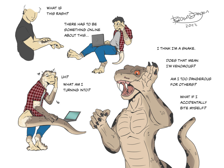 4:3 anthro asking asking_self asking_what bottomwear brownsdragon claws clothing computer conditional_question denim denim_bottomwear denim_clothing dialogue electronics english_text fangs flannel grey_body grey_scales growth hi_res human human_to_anthro jeans laptop male mammal pants question reptile scales scalie sharp_teeth shirt simple_background snake snout snout_grab snout_growth solo species_transformation tail tail_growth teeth text topwear transformation transformation_sequence venom verbal_reaction_to_tf white_background yes-no_question