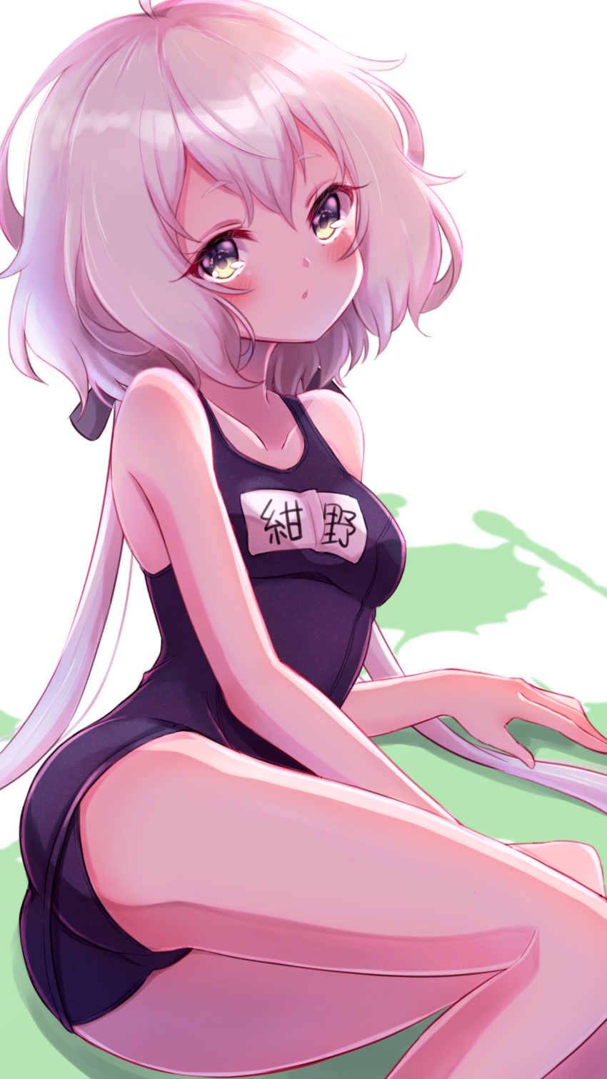 absurdres ass bad_id bad_pixiv_id blush breasts female from_behind green_eyes highres konno_junko legs long_hair looking_back low_twintails lying old_school_swimsuit on_side ribbon school_swimsuit small_breasts solo soraryu_saworu swimsuit thighs twintails very_long_hair white_hair zombie_land_saga