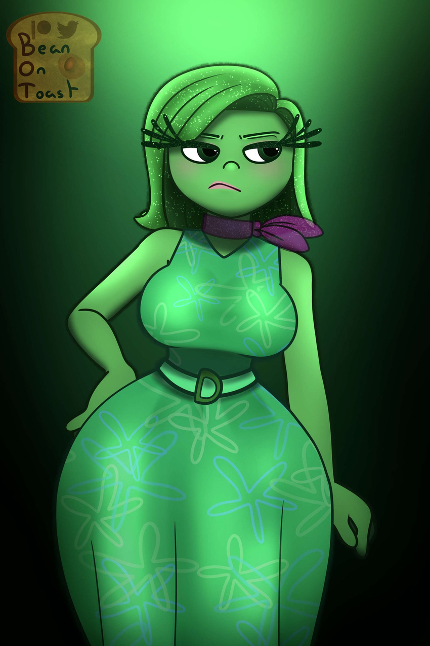 beanontoast big_breasts disgust_(inside_out) green_clothing green_hair green_skin inside_out thick_thighs