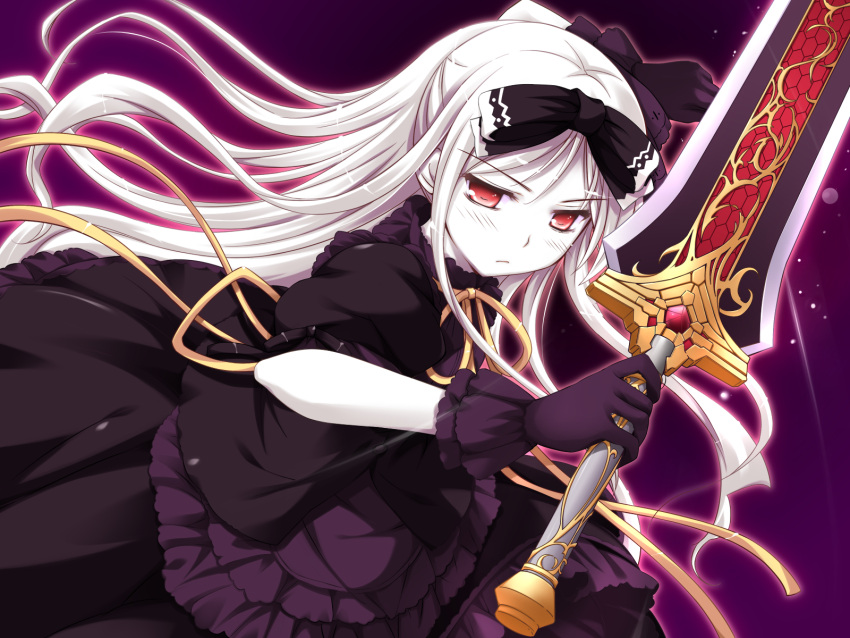 dress female female game_cg gloves gothic highres ko~cha long_hair purple_background red_eyes ribbon ribbons shukufuku_no_campanella solo sword weapon white_hair white_skin windmill_(company)