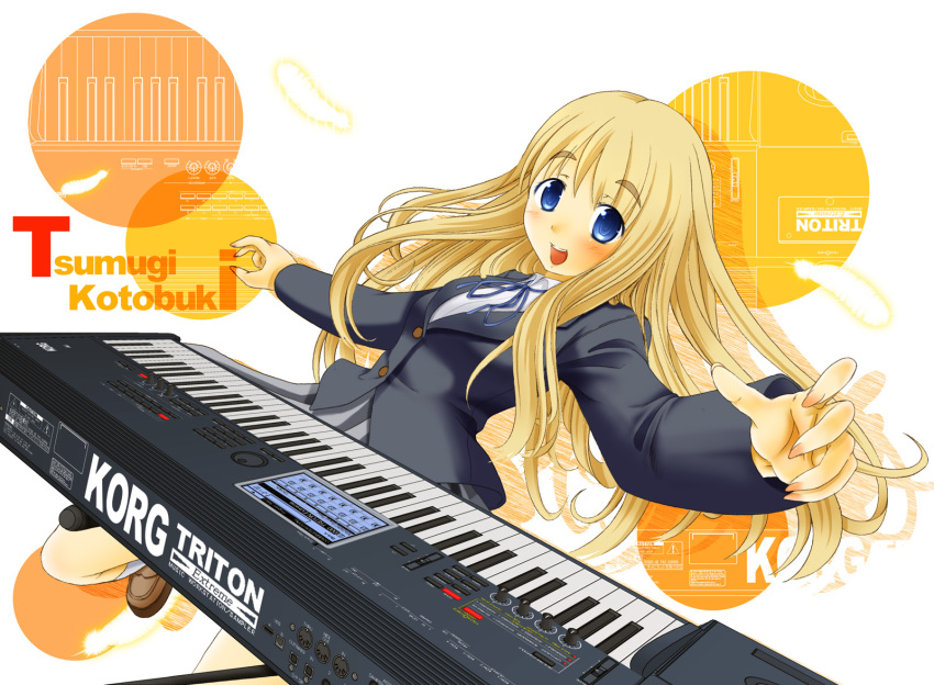 blonde_hair blue_eyes blush character_name commentary_request female highres instrument k-on! keyboard_(instrument) kotobuki_tsumugi long_hair nashigami_tsubute photoshop_(medium) solo