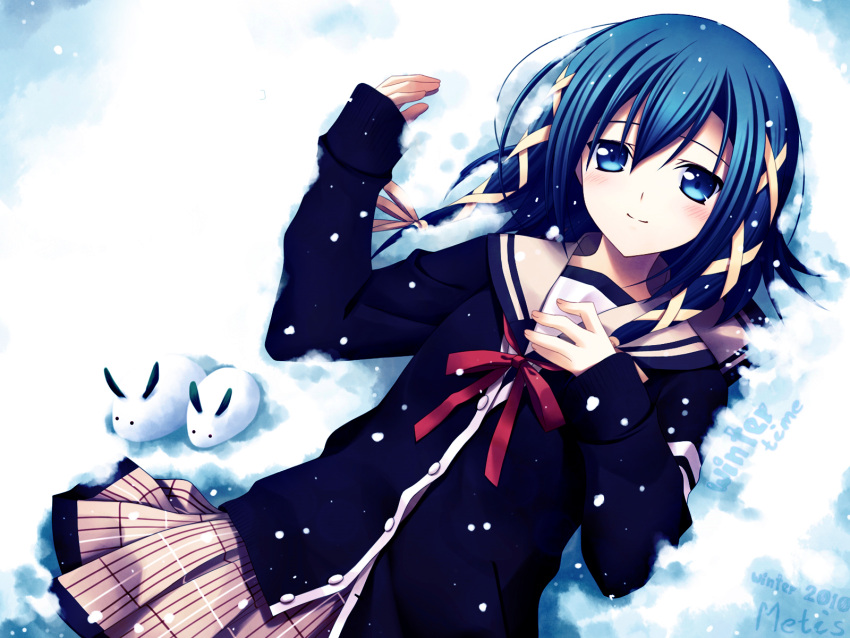 blue_eyes blue_hair gotokuji_akira goutokuji_akira highres school_uniform seifuku signal_heart skirt snow winter zinno