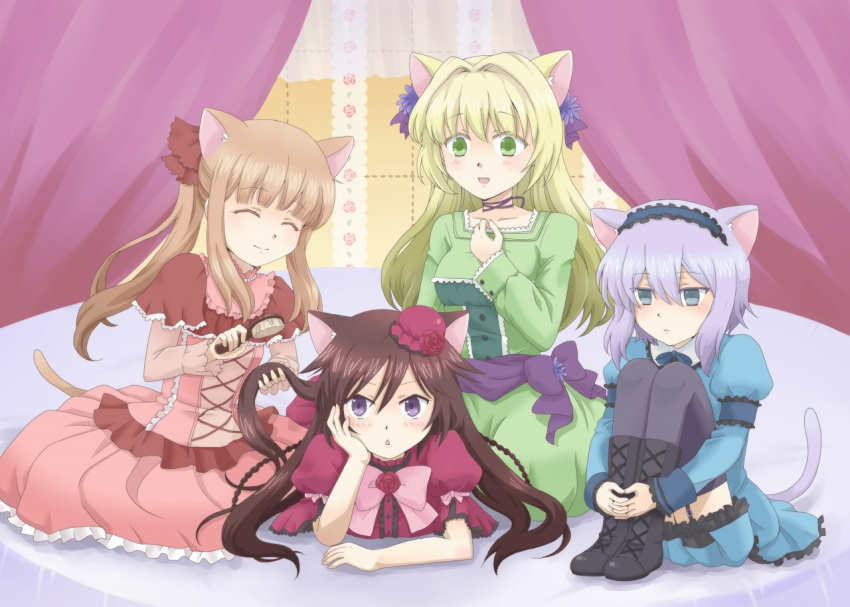 ada_vessalius alice_(pandora_hearts) animal_ears bed blonde_hair blue_eyes blue_hair boots bow brown_hair catgirl echo green_eyes long_hair pandora_hearts sharon_rainsworth short_hair tail thigh-highs