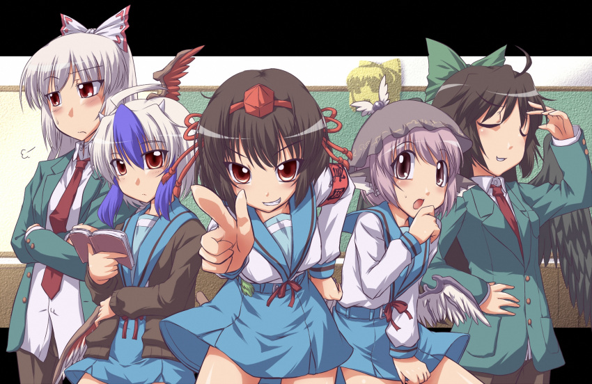 blush book brown_hair crossover fujiwara_no_mokou group hat long_hair mystia_lorelei purple_hair red_eyes reiuji_utsuho ribbons seifuku shameimaru_aya short_hair skirt suzumiya_haruhi_no_yuuutsu tie tokiko touhou violet_eyes white_hair wings