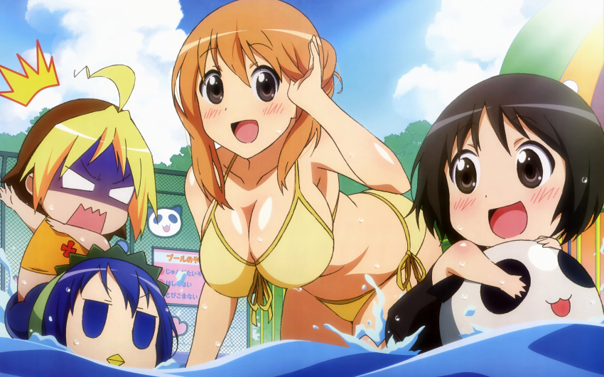 anzu bikini blonde_hair blue_eyes blue_hair blush breasts brown_eyes brown_hair cleavage hanamaru_youchien hiiragi koume long_hair orange_hair short_hair sky swimsuit water yamamoto_nanako