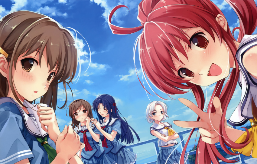 5girls ^_^ absurdres ahoge blue_hair blush brown_eyes brown_hair closed_eyes cloud day hanami_mariya highres koga_sayoko long_hair misaki_kurehito miyamae_tomoka multiple_girls nakano_hinata red_eyes red_hair school_uniform serafuku short_hair sky smile suiheisen_made_nan_mile? tsuyazaki_kokage v white_hair