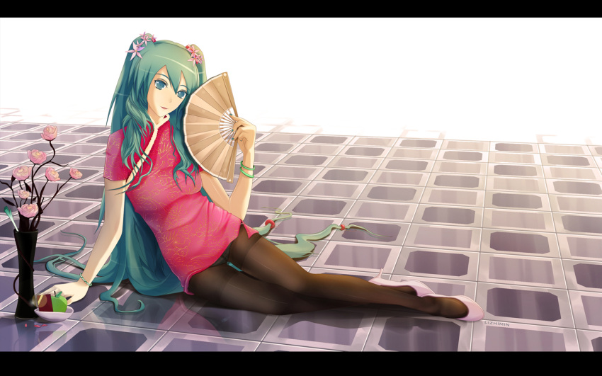 apple aqua_eyes aqua_hair arm_support artist_name bracelet china_dress chinese_clothes commentary crotch_seam dress dxlsmax_(lizhimin) female flower folding_fan food fruit hair_flower hair_ornament hand_fan hatsune_miku high_heels ikebana jewelry letterboxed long_hair nail_polish panties panties_under_pantyhose pantyhose photoshop_(medium) shoes sitting solo spring_onion striped_clothes striped_panties thighband_pantyhose tile_floor tiles twintails underwear vase very_long_hair vocaloid yokozuwari