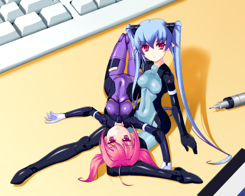 blue_hair busou_shinki doll_joints eukrante keyboard mechanical_pencil minigirl pencil pink_eyes pink_hair strarf