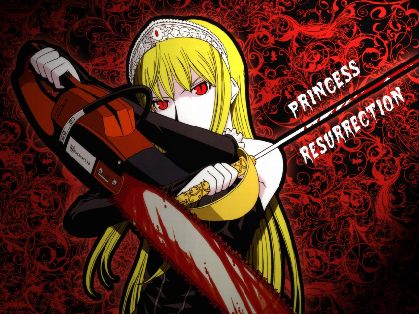 1600x1200 blonde_hair blood chainsaw chicks_with_chainsaws highres hime_(kaibutsu_oujo) kaibutsu_oujo lilianne sword weapon