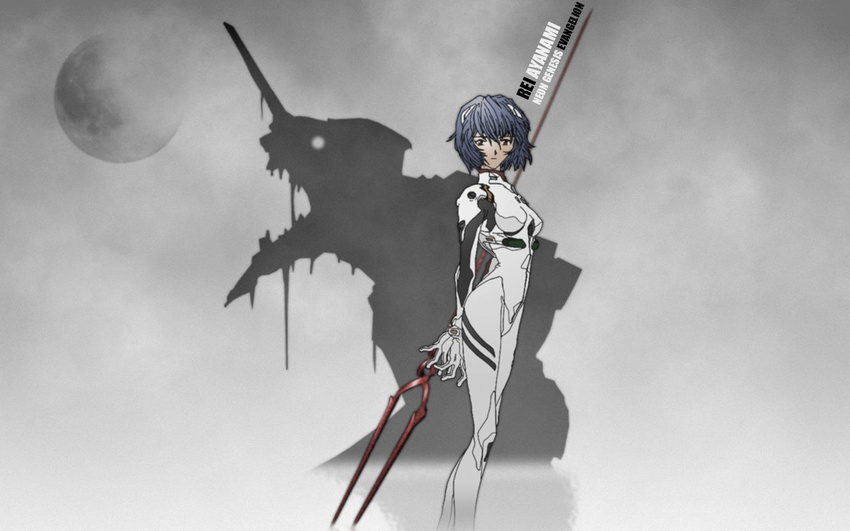 1280x800 ayanami_rei blue_hair eva_01 gradient gradient_background lance_of_longinus moon neon_genesis_evangelion plugsuit red_eyes short_hair wallpaper weapon