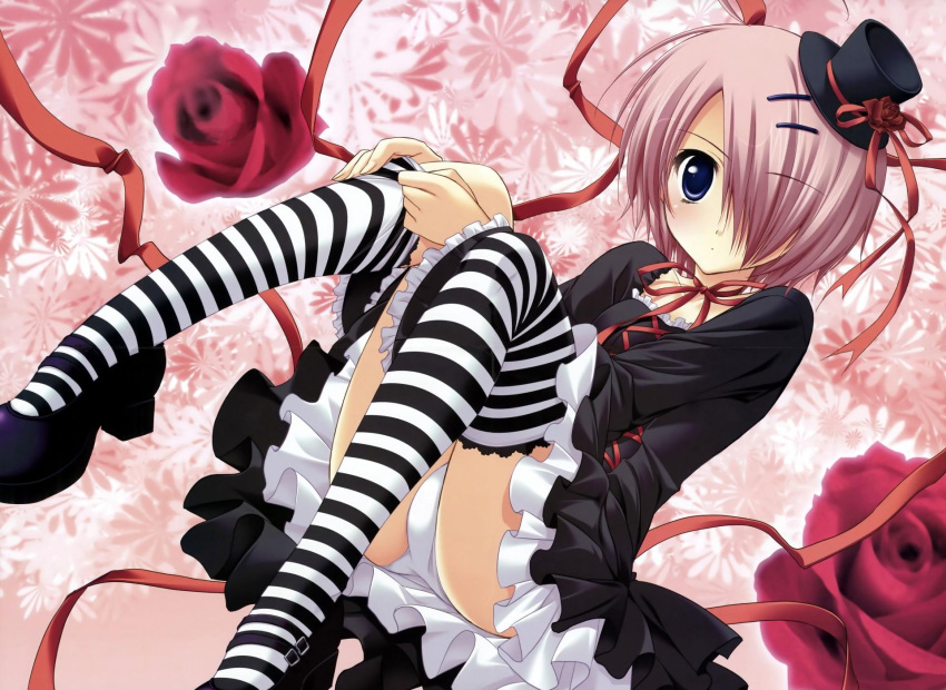 akane-iro_ni_somaru_saka akane_iro_ni_somaru_saka dress flower goth gothic hair_ornament hairpin hat highres panties pink_hair ribbon rose ryohka ryouka_(suzuya) shiraishi_nagomi short_hair thigh-highs thighhighs underwear