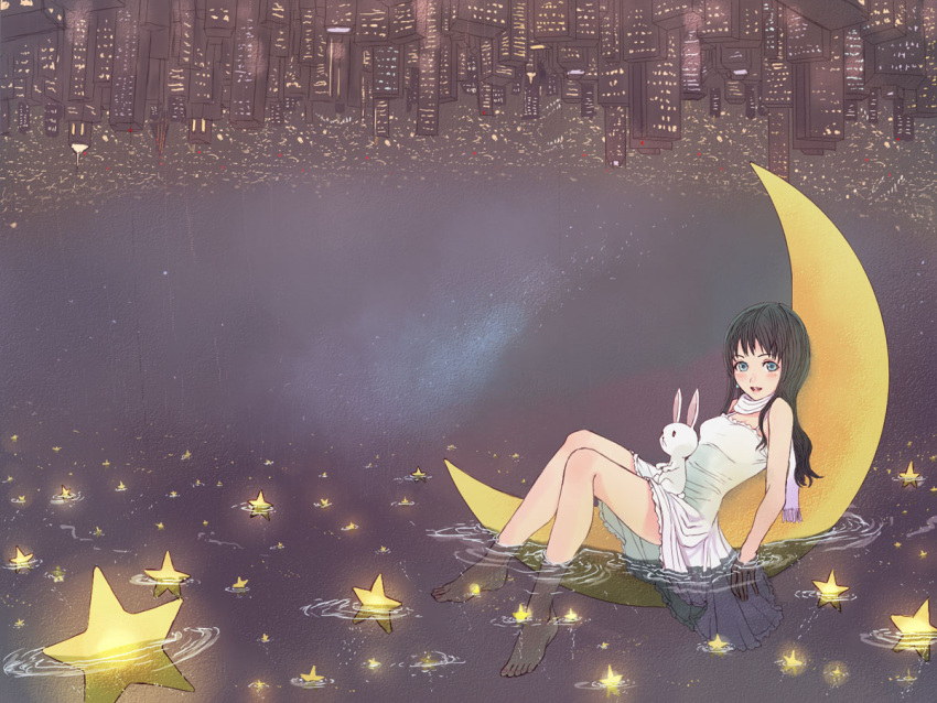 1200x900 barefoot black_hair blue_eyes bunny city dress feet honoji moon night scarf star stars upside-down upsidedown wallpaper water what