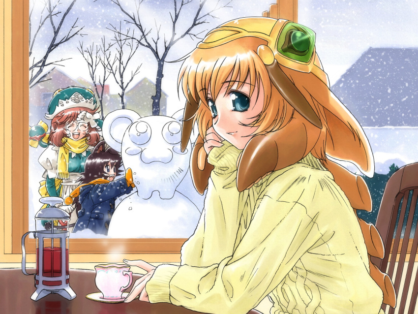 1280x960 animal_ears blue_eyes chair closed_eyes drink glasses hat scarf sitting snow sweater tea wallpaper window