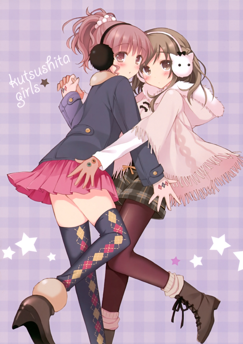 2girls :o absurdres animal_earmuffs argyle_clothes argyle_legwear black_legwear blush boots bow brown_eyes brown_hair buttons coat cross-laced_footwear earmuffs eyes_visible_through_hair fringe_trim gloves hair_ornament high_heels high_ponytail highres holding_hands hood interlocked_fingers lace-up_boots long_hair looking_at_viewer multiple_girls original pan_(mimi) pantyhose parka parted_lips pink_legwear plaid plaid_background plaid_skirt pleated_skirt poncho short_ponytail skirt socks standing standing_on_one_leg star_(symbol) starry_background thighhighs