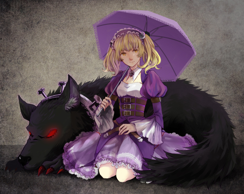 blonde_hair canine cistron commentary_request dress female hairband highres light_smile lolita_hairband looking_at_viewer parasol photoshop_(medium) purple_dress seiza sheri sitting skull solo umbrella unlight yellow_eyes