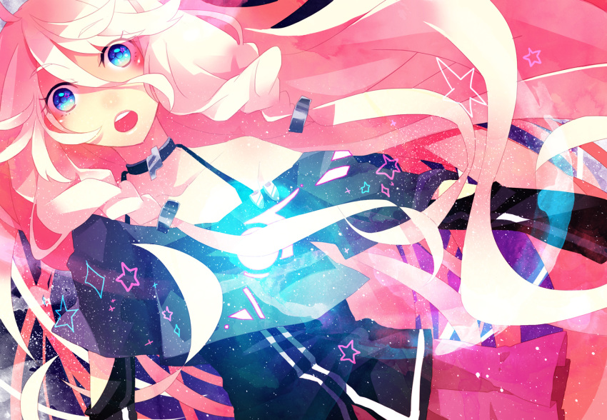 bare_shoulders blue_eyes braid commentary_request female ia_(vocaloid) long_hair looking_at_viewer off_shoulder open_mouth pink_hair saine solo twin_braids very_long_hair vocaloid