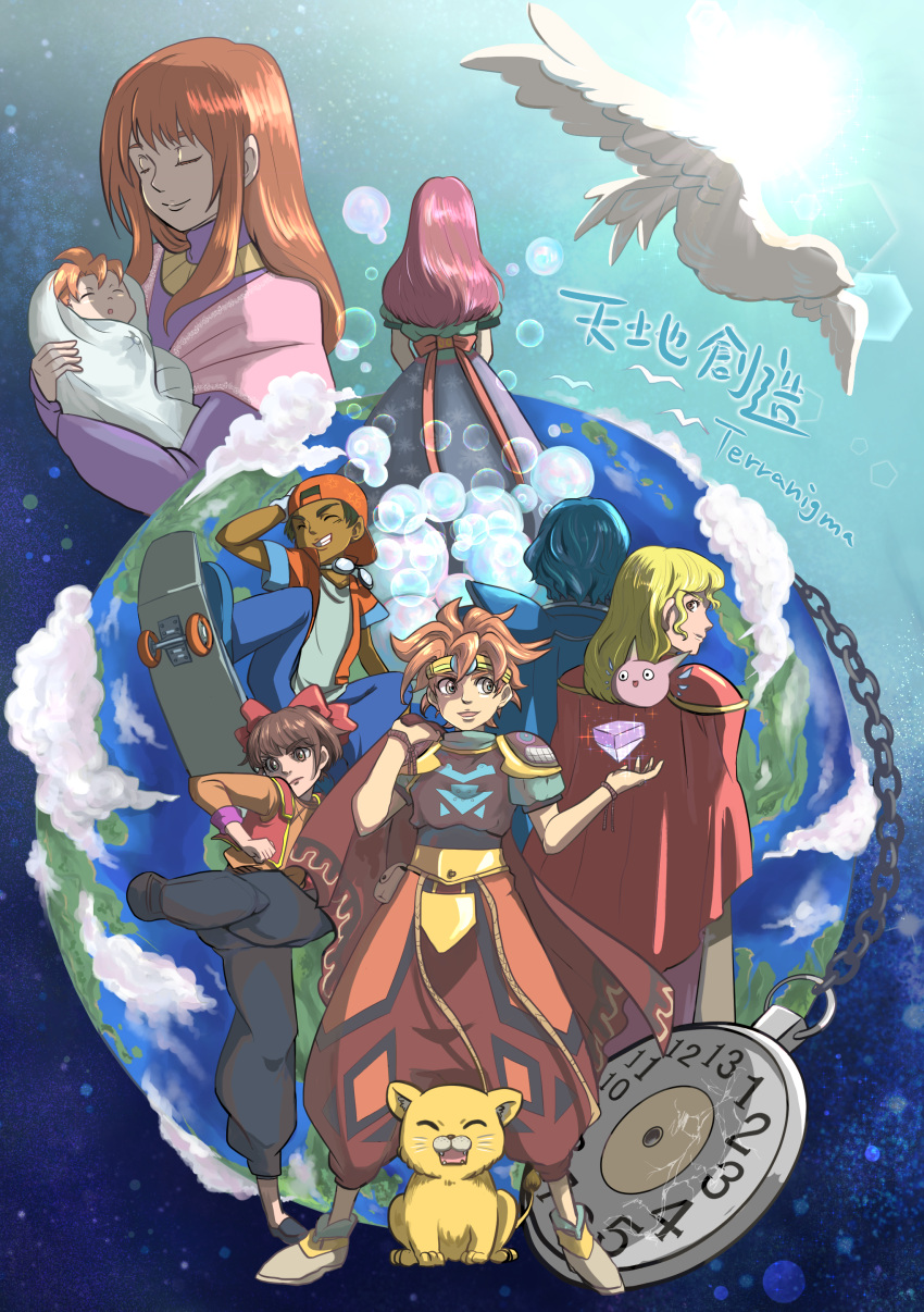 3boys 4girls absurdres ark_(tenchi_souzou) baby backwards_hat bird black_hair blonde_hair bow brown_eyes brown_hair chains closed_eyes cloud copyright_name earth_(planet) elle_(tenchi_souzou) facing_away feline fighting_stance fyda_(tenchi_souzou) goggles goggles_around_neck hairbow hat headband highres lens_flare long_hair meilin_(tenchi_souzou) multiple_boys multiple_girls naekam orange_headwear perel_(tenchi_souzou) planet royd_(tenchi_souzou) skateboard smile tenchi_souzou watch yomi_(tenchi_souzou)