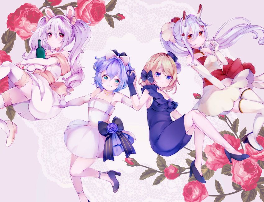 4girls alternate_costume animal_ears ayanami_(azur_lane) azur_lane bad_id bad_pixiv_id bare_shoulders black_bow black_dress black_gloves blonde_hair blue_eyes bottle bow breasts bridal_gauntlets choker cleavage commentary_request detached_collar dress elbow_gloves fake_animal_ears flower gloves green_eyes grin hair_between_eyes hairbow high_heels highres holding_hands javelin_(azur_lane) jewelry laffey_(azur_lane) light_purple_hair long_hair looking_at_viewer lying medium_breasts multiple_girls necklace no_legwear pantyhose ponytail purple_hair rabbit_ears red_eyes rose sash short_hair small_breasts smile spaghetti_strap thighhighs twintails white_bow white_dress white_gloves white_pantyhose white_thighhighs wine_bottle yaekn z23_(azur_lane)