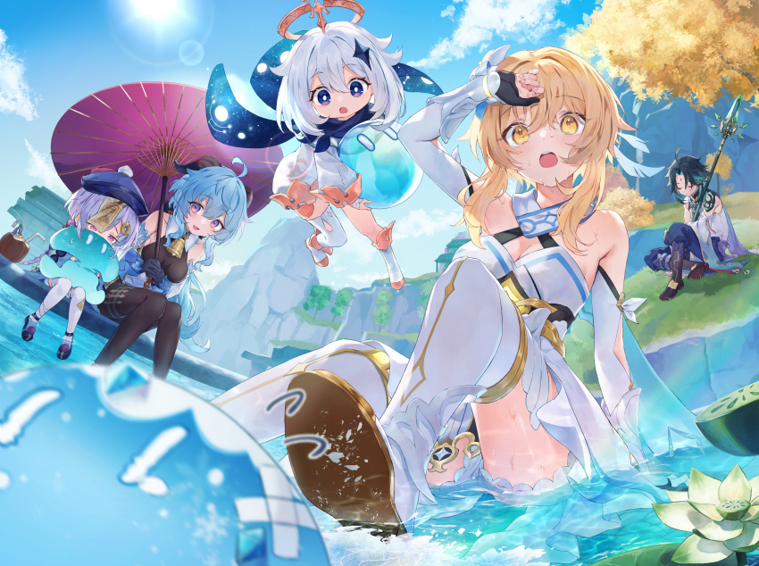 1boy 4girls ahoge aqua_hair arm_at_side arm_up arms_up asymmetrical_legwear bandages bare_shoulders bell black_footwear blonde_hair blue_gloves blue_hair blue_pants blurry blurry_foreground bodystocking bokeh braid breasts charm_(object) cleavage closed_eyes closed_mouth cloud coconut commentary crossed_legs crying crying_with_eyes_open curled_fingers depth_of_field detached_sleeves dot_nose dress drinking_straw facial_mark floating flying_sweatdrops food forehead_mark fruit fruit_cup full_body ganyu_(genshin_impact) genshin_impact gintama_10102 gloves goat_horns gold_trim hair_between_eyes halo hat highres holding holding_polearm holding_umbrella holding_weapon horns hug injury jiangshi knees_together_feet_apart lily_pad long_hair looking_at_another lumine_(genshin_impact) medium_breasts medium_hair melon mountain multiple_girls neck_bell ofuda oil-paper_umbrella open_mouth outdoors paimon_(genshin_impact) pants parted_bangs polearm purple_eyes purple_hair qiqi_(genshin_impact) rainbow romper shadow shy sitting slime_(genshin_impact) spear sun sweat tears teeth thighhighs thighs tree umbrella uneven_legwear upper_teeth_only weapon white_dress white_hair white_romper white_thighhighs xiao_(genshin_impact) yellow_eyes yen