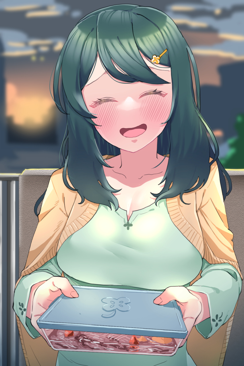 :d blurry blurry_background breasts cleavage closed_eyes facing_viewer female food green_hair hair_ornament hairclip highres indie_virtual_youtuber large_breasts long_hair outdoors railing smile solo sumi_suya sunao_na_kapipara tupperware virtual_youtuber