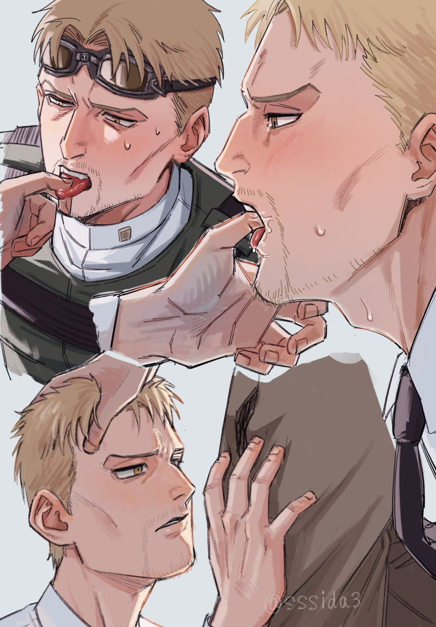 2boys alternate_costume blonde_hair blush collage cropped_torso facial_hair finger_in_another's_mouth goatee_stubble goggles goggles_on_head head_grab highres imminent_fellatio looking_at_crotch male_focus multiple_boys mustache_stubble nervous reiner_braun saliva shingeki_no_kyojin shirt short_hair sssida3 stubble tongue tongue_grab yaoi