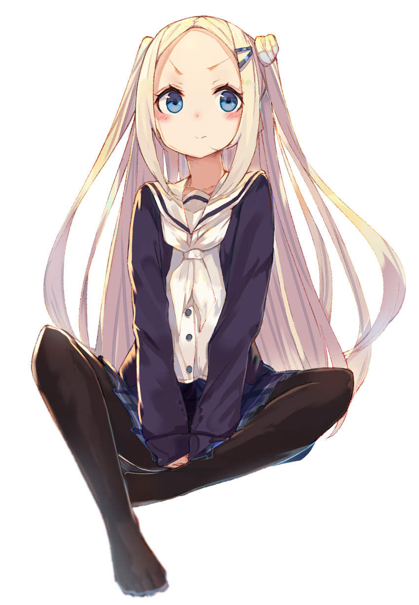 absurdres black_cardigan black_pantyhose blonde_hair blue_eyes blue_skirt blush cardigan closed_mouth commentary_request double_bun dress_shirt female forehead full_body hair_bun hair_ornament hairclip hana_n._fountainstand hanayamata highres long_hair long_sleeves looking_at_viewer neckerchief no_shoes open_cardigan open_clothes pantyhose parted_bangs pleated_skirt sailor_collar shirt simple_background sitting skirt sleeves_past_wrists solo tota_(sizukurubiks) two_side_up v-shaped_eyebrows very_long_hair white_background white_neckerchief white_sailor_collar white_shirt