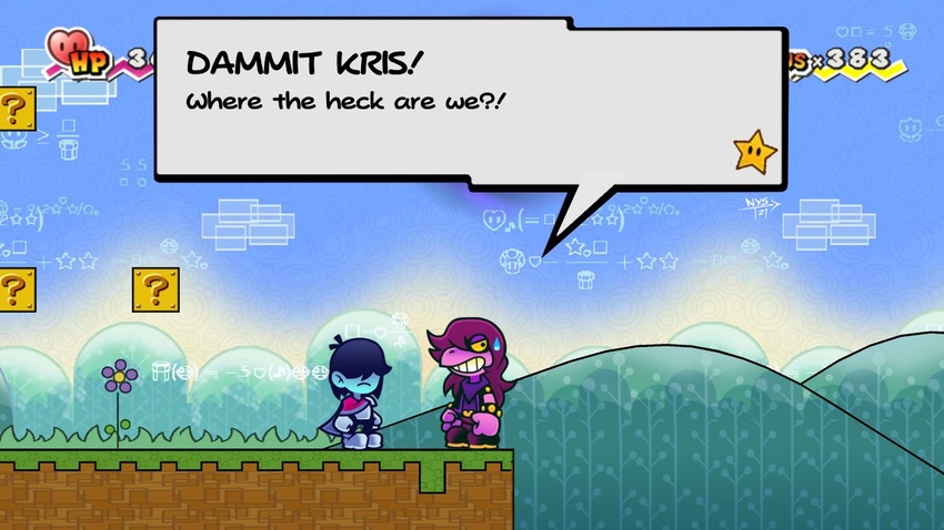 16:9 2021 anthro bodily_fluids clothed clothing deltarune dialogue dinosaur duo english_text extinct female human humor kris_(deltarune) kris_where_are_we male mammal mario_bros meme nintendo ny_sagittarius paper_mario parody prehistoric_species reptile scalie screencap screencap_background style_emulation susie_(deltarune) sweat sweatdrop text text_box undertale_(series) widescreen