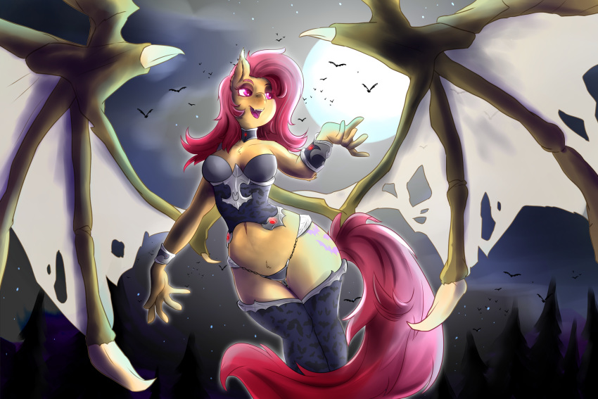 3:2 anthro big_breasts breasts clothing female flutterbat_(mlp) fluttershy_(mlp) friendship_is_magic hasbro hi_res huckser legwear membrane_(anatomy) membranous_wings moon my_little_pony night solo thestral thigh_highs wings