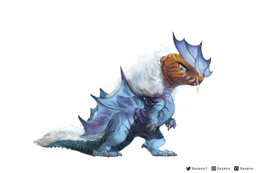 ambiguous_gender anjanath blue_body blue_scales bodily_fluids brute_wyvern capcom digital_media_(artwork) feral fulgur_anjanath hi_res monster_hunter runny_nose scales simple_background snot solo tail white_background xezeno