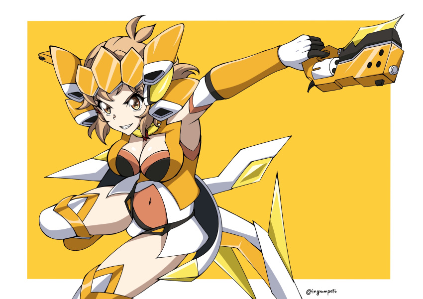 absurdres alternate_costume bodysuit breasts cleavage cosplay covered_navel elbow_gloves female gloves gun headgear headphones highres holding holding_gun holding_weapon kyomeihibiki large_breasts light_brown_hair orange_eyes senki_zesshou_symphogear tachibana_hibiki_(symphogear) thighhighs weapon white_thighhighs yukine_chris yukine_chris_(cosplay)